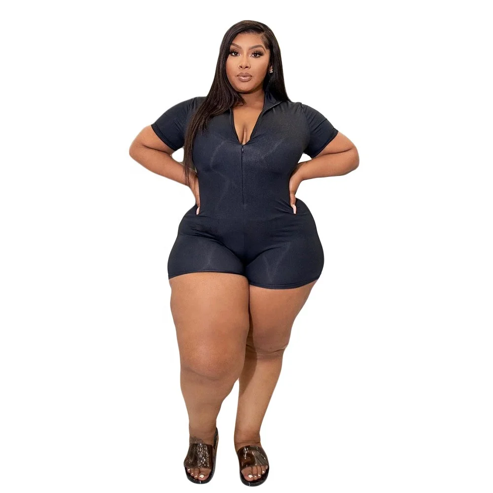 Plus size women clothing solid color zipper up jumpsuit one piece shorts rompers plus size jumpsuits for women