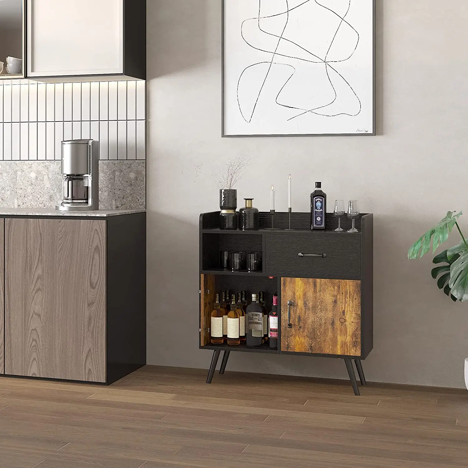 Free Standing Sideboard  Bedroom Storage Cabinet with 1 Drawer 2 Doors 1 Open Shelves