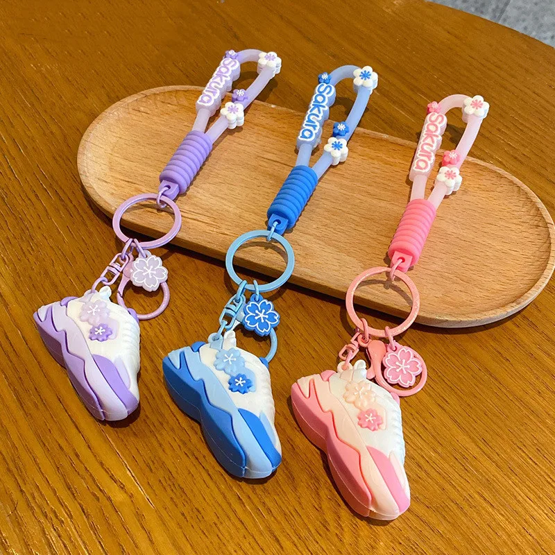 wholesale pvc sneaker keychain 3d and bag 3d mini shoe charms keychain sneakers with flower for girls gifts