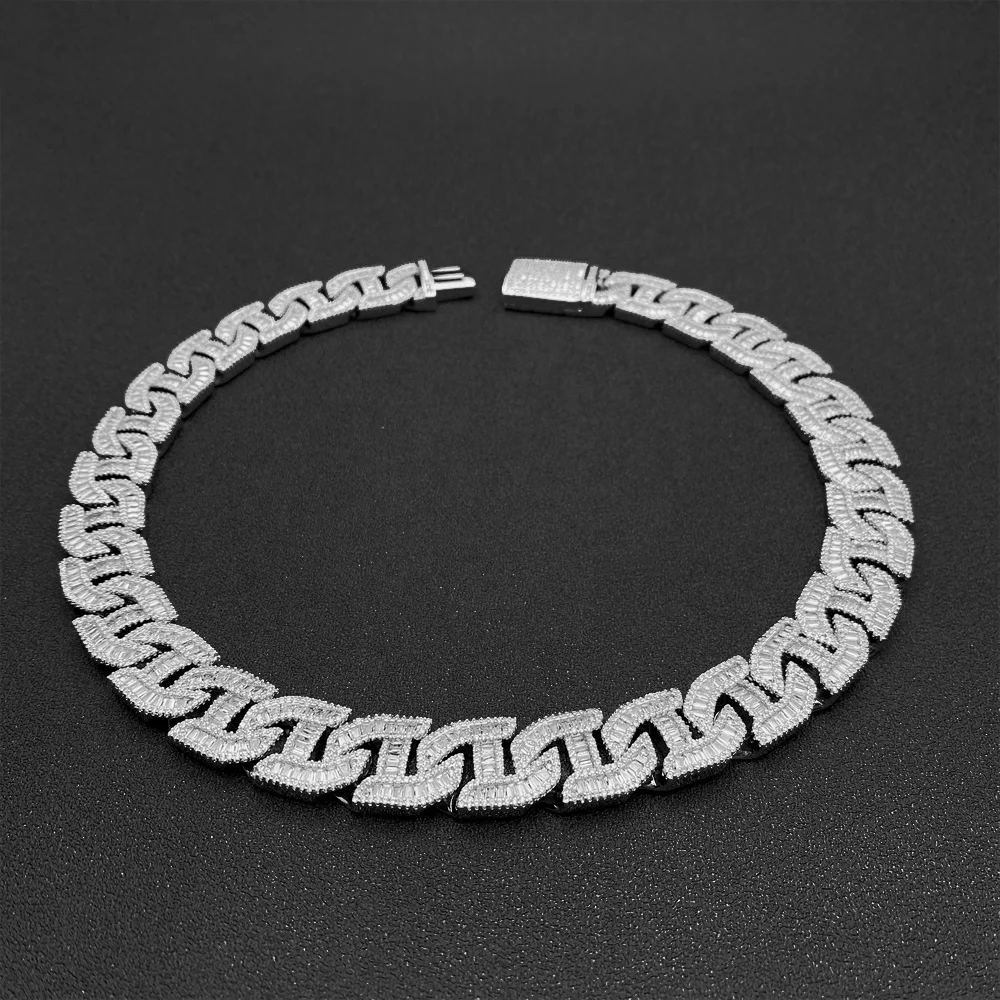 Sterling Silver Fully VVS Moissanite Luxury Cuban Link Chain Bling Fine Hip Hop Jewelry Baguette Diamond Men Necklace