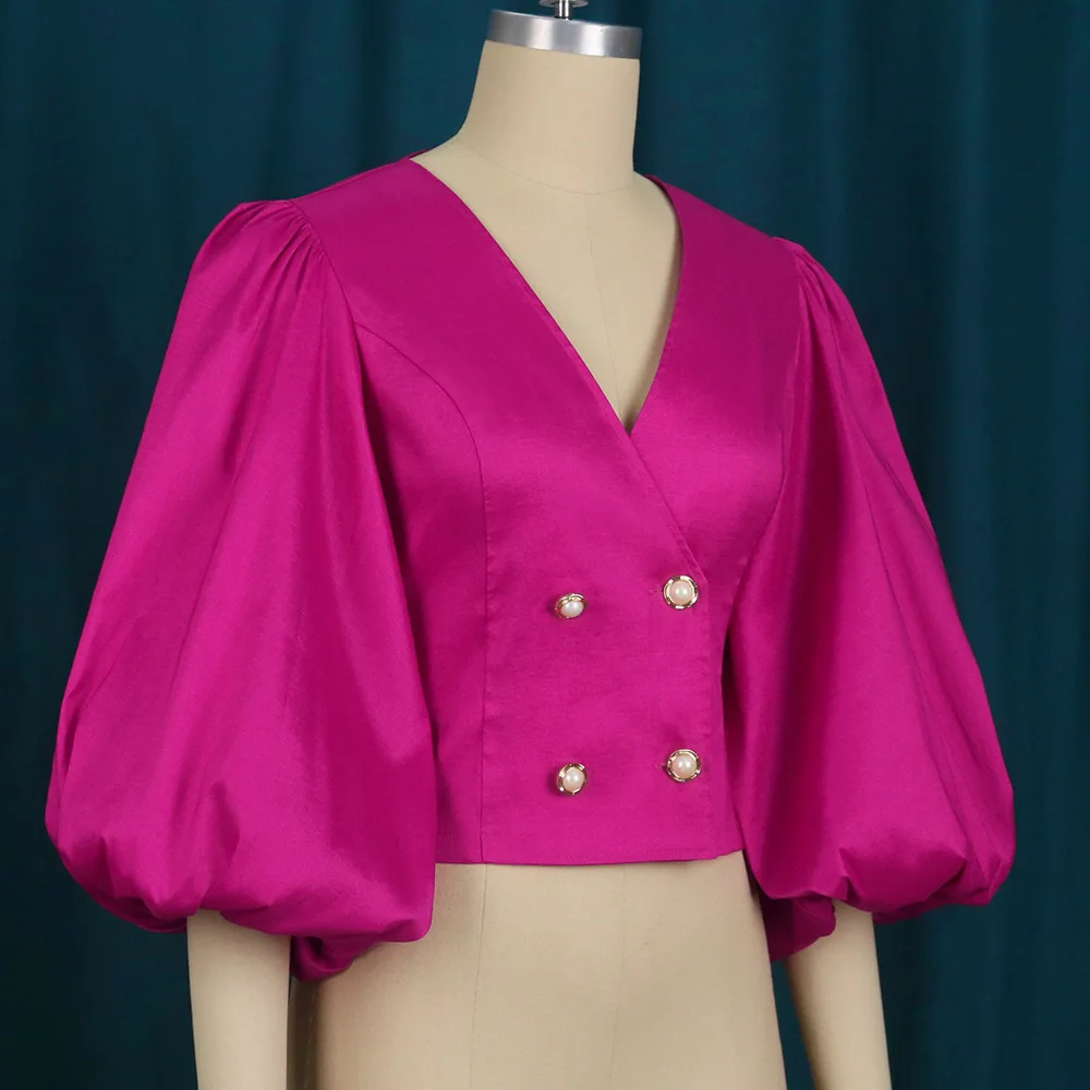 New Female Party Classy Rose Red Blouse Top Woman Plus Size Formal Lantern Sleeve Blouse