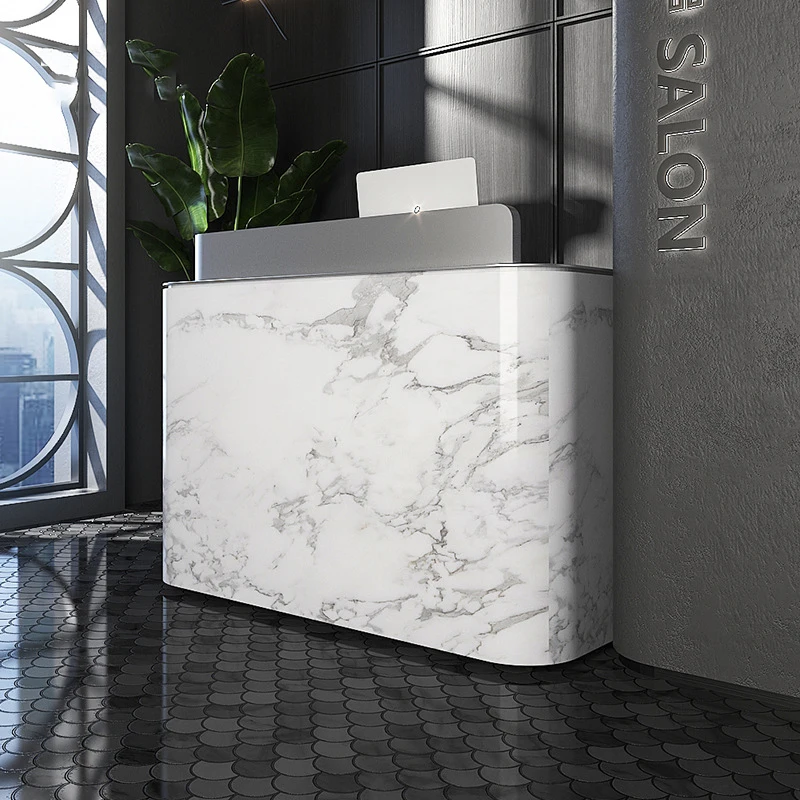 Paint Salon Beauty Reception Counter Laminate Silver Curved Luxury 1 Piece Reception Desk Wood Office Furniture Mini Marble