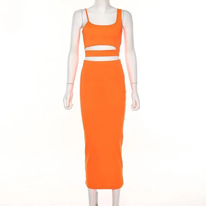 2021 New womens halter short  small vest high waist skirt set high elastic top and long skirt