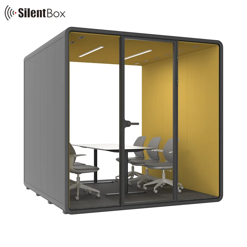 Elegant office pods model XL- 6 - person booth portable and detachable cabin with compact laminate furniture