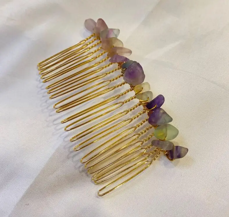 Natural Stone Hair Comb Colorful Healing Crystal Gravel Stone Hair Comb for Women Girls