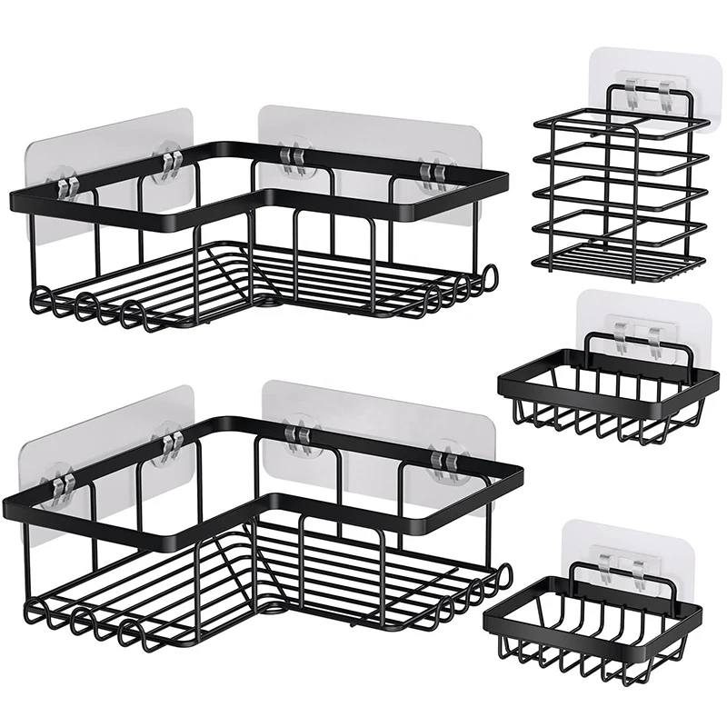 2024 Hot Sale Bathroom Organizer 5 Pack Stainless Steel Adhesive Shower Caddies Shower Corner Shelves with Hooks