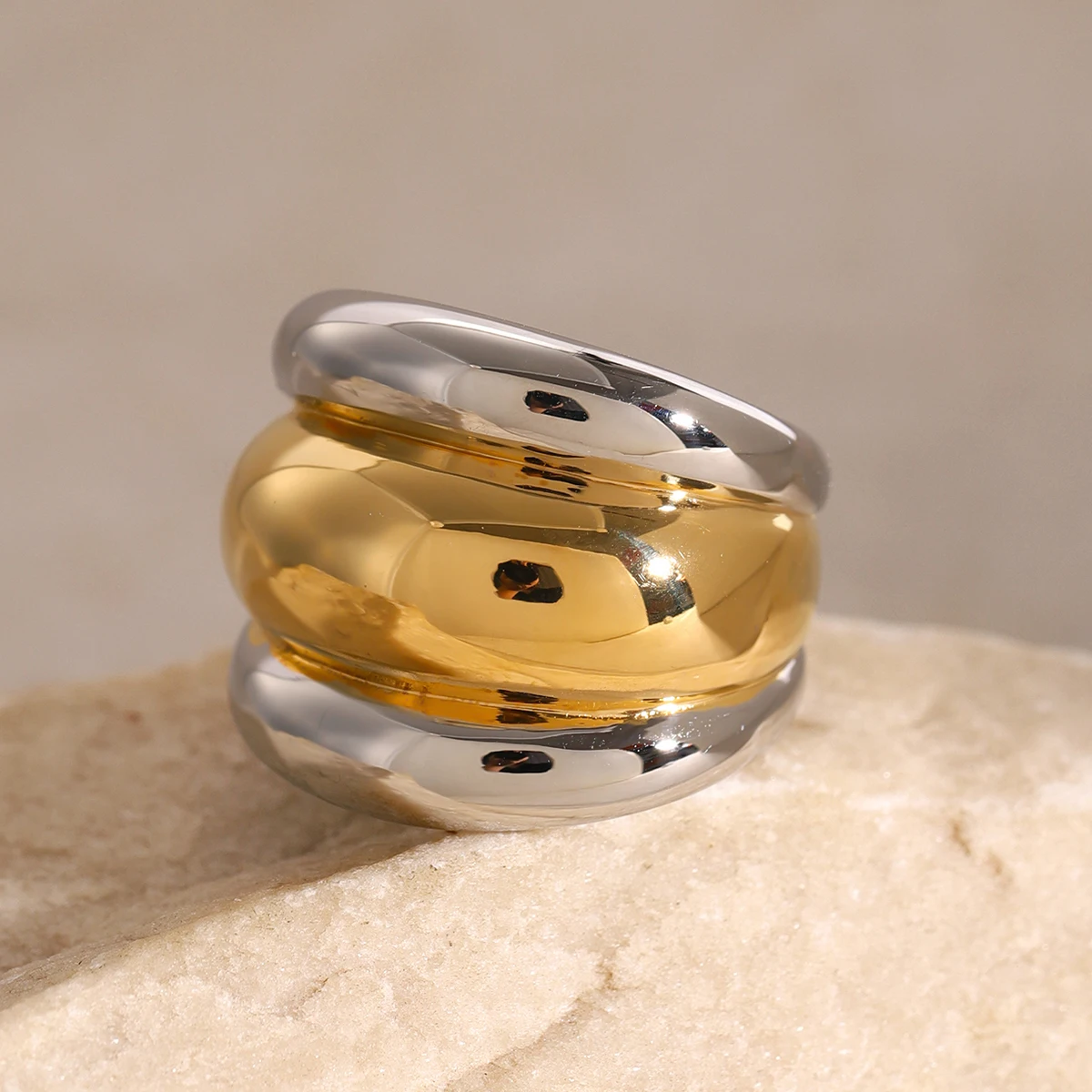 J&D Two-Tone Layered Ribbed Ring 18k Stainless Steel Chunky Gold Silver Mixed Design Rings