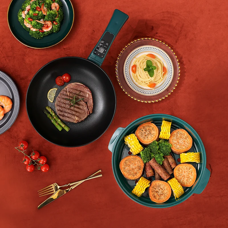 Multipurpose automatic skillet non stick electric cooking pot electric frying pan with steamer household smart electric wok