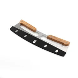 Custom Sharp Blade Stainless Steel Big Pizza Knife Cutter 14 inch Pizza Cutter Rocker cortador de pizza with Wooden Handles