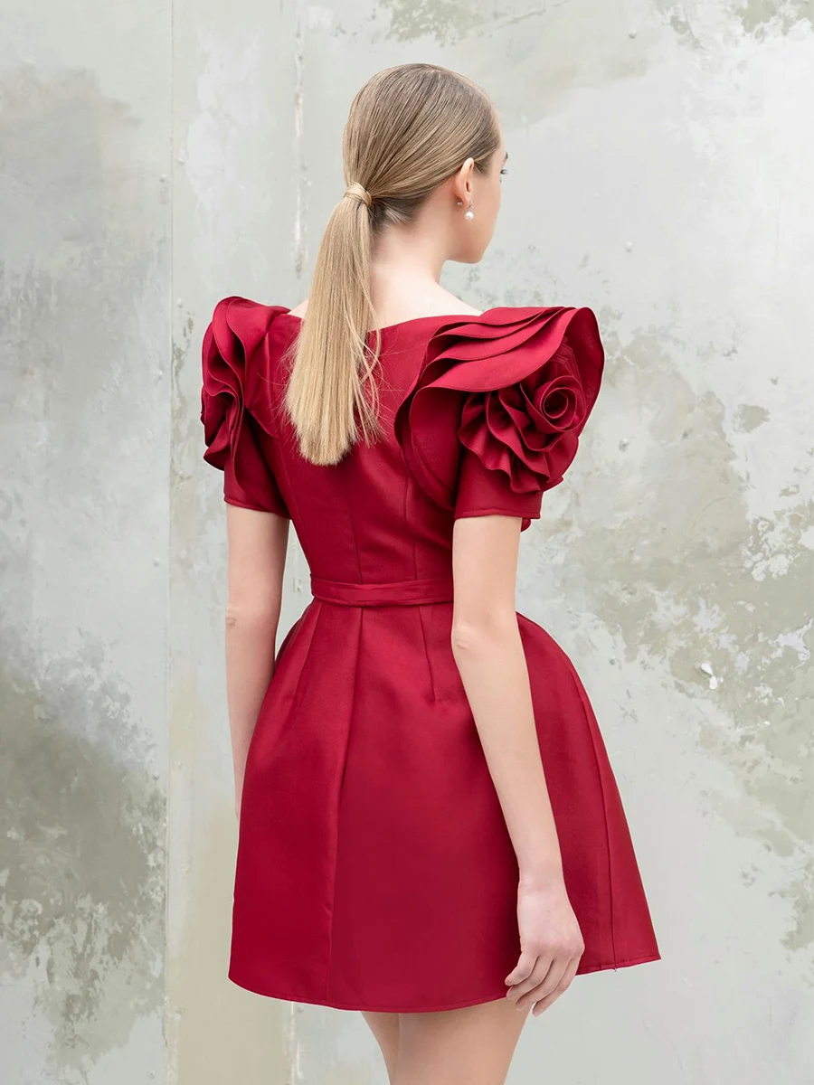 Women Short Sleeve V-neck Red Chiffon Short Sashes Nylon Or Cotton A-