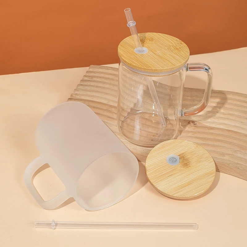 Clear 15 Oz Sublimation Blank Borosilicate Travel Beer Coffee Glass Mug with Handle Bamboo Lid and Straw for Holiday Gifts