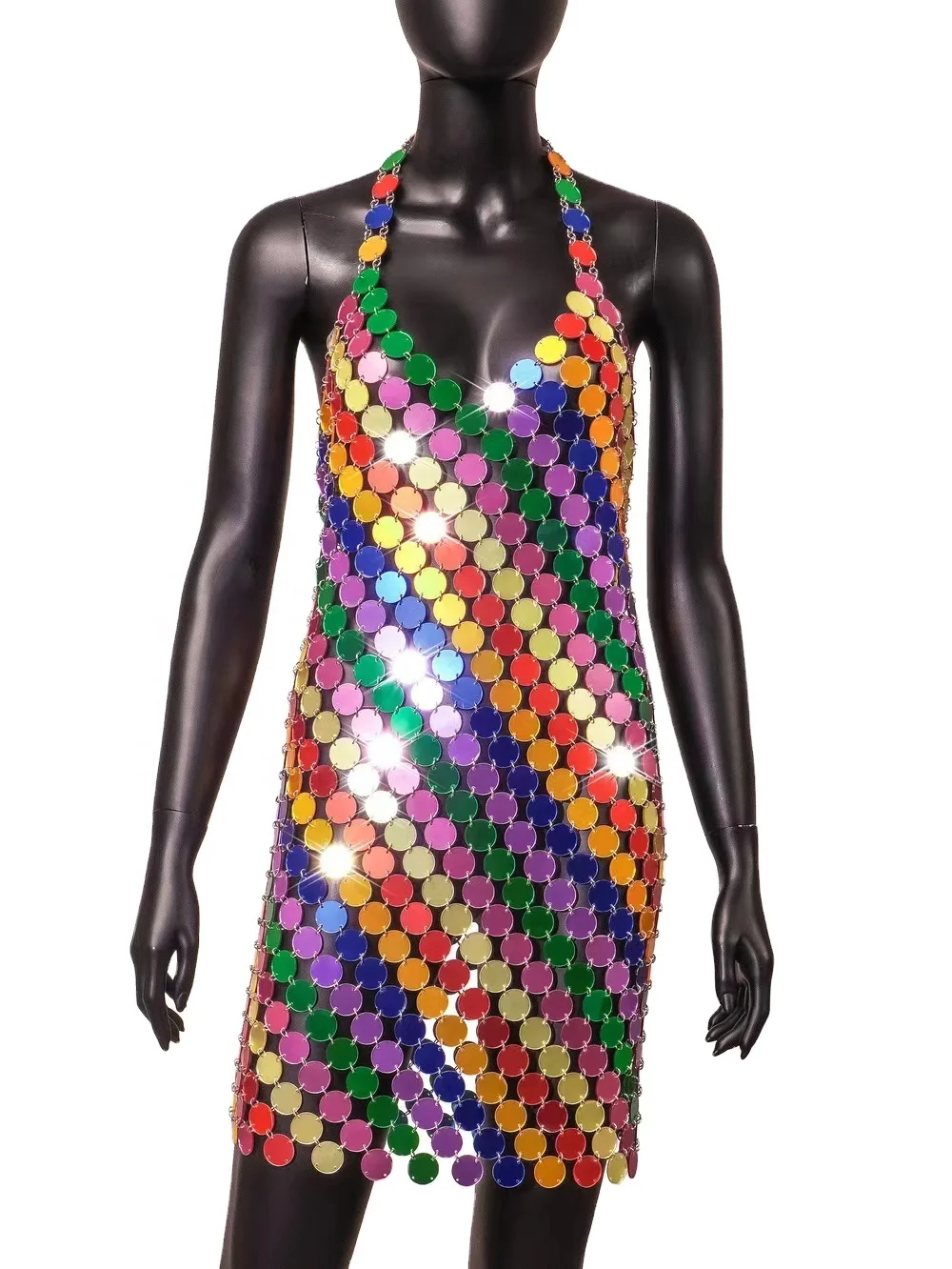 Short Shiny Sexy Colorful Handmade  Acrylic Braided Paty Wear Body Chain Top Mirror Disc Party Dress For Women