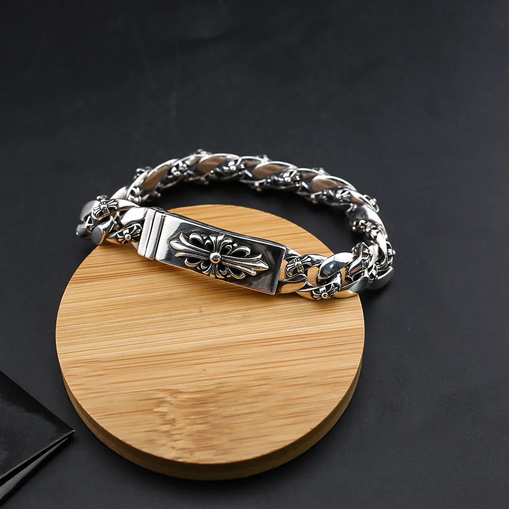 chrome Cross heart jewelry Thai Silver Dressed Wide Version Domineering Trend Hip Hop Punk Cross Flower Couple Bracelet for man