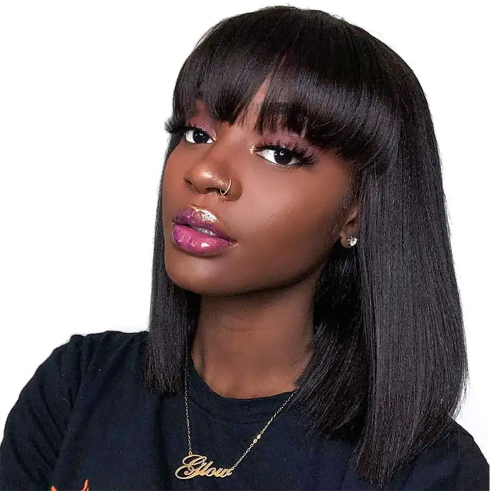 Wholesale Human Hair Wigs Straight Short Bob Wig With Bangs For Black Women Natural Color Brazilian Bang Wigs