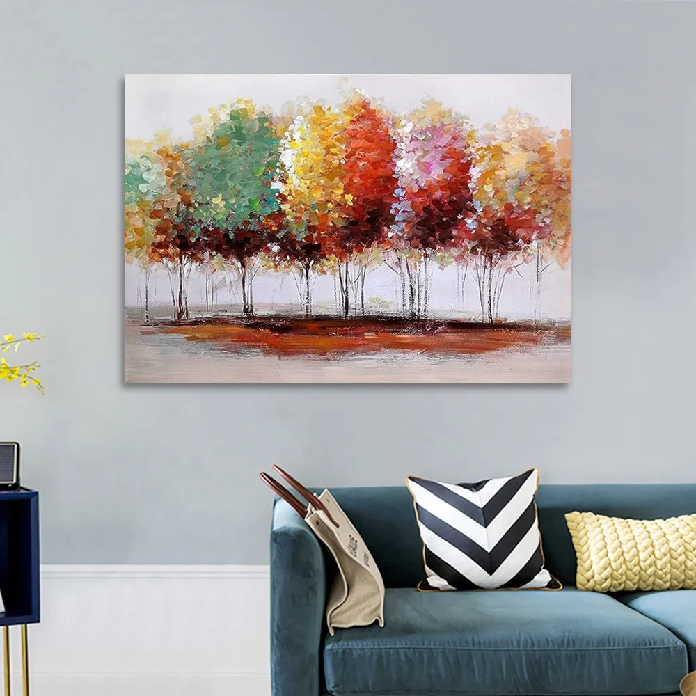 Tree canvas print wall art home decor, large colored tree branch oil paintings, living room bedroom hand-painted forest pictures