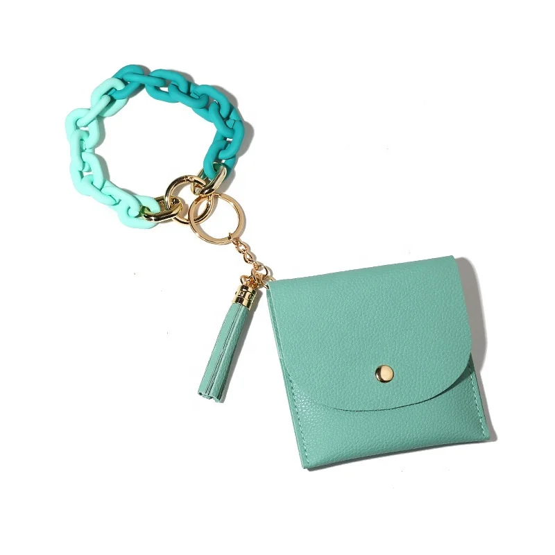 2022 New Etsy Lady Acrylic Wristlet Keychain Bracelets Key Ring Wallet Card Holder Purse with Tassel