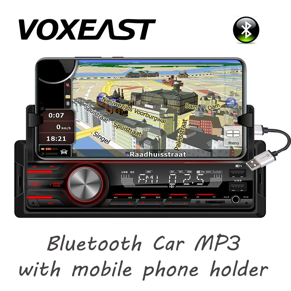 Car Cellphone holder radio audio mp3 player supported BT 12v car aux with Dual USB with mobile phone recharging