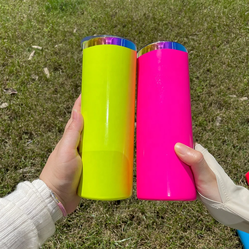 glossy mirror custom Fluorescent Neon colored rainbow underneath 20oz tumbler with lid for laser engraving
