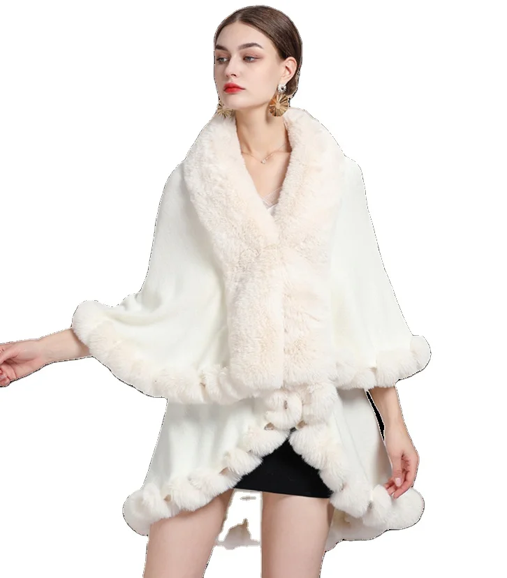 Hot Sale Winter Women Rabbit Fur Trim Cardigan Loose Faux Fur Poncho Shawl