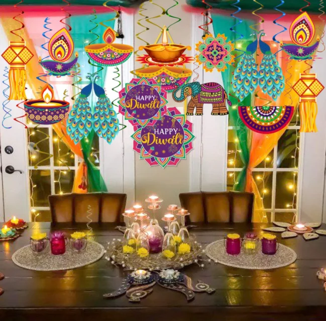 Happy Diwali Party backdrop peacock Rangoli Ganesha Diya ceiling hanging swirls Hindu ornaments garland festival of lights Decor