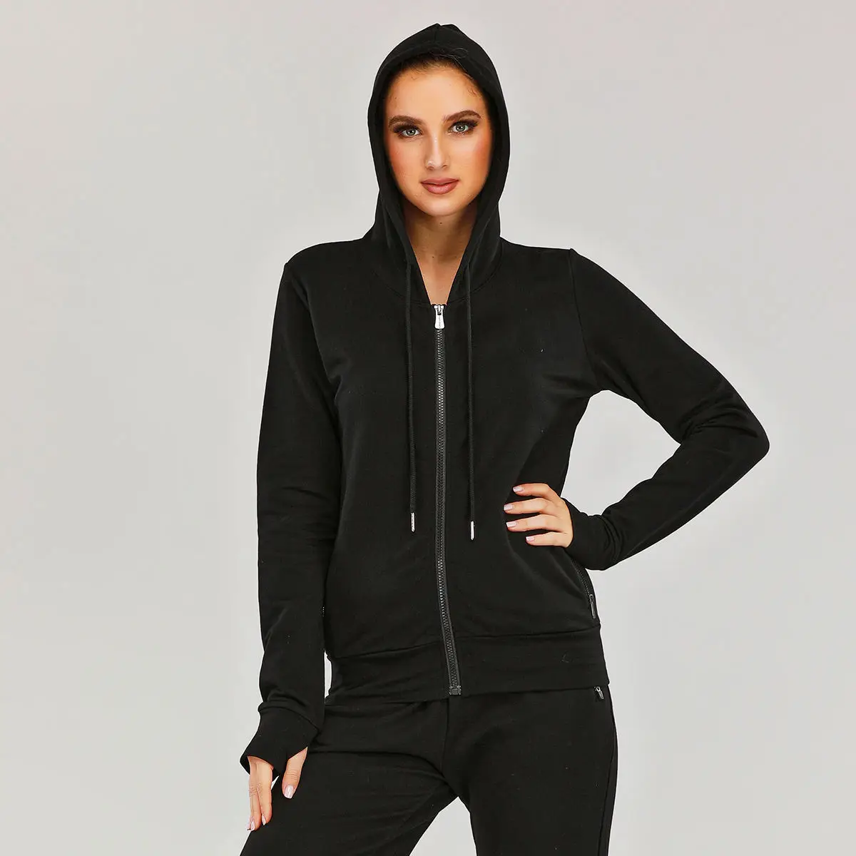 Luckpanther Full Zip up Plain Hoodie Unisex Sports Lounge Wear Jogger Jacket with Drawstring Hood And Thumb Buckle Windbreaker