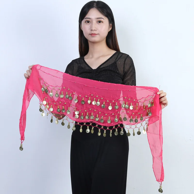Belly dance waist chain Chiffon triple gold belt Indian dance practice Performance hip scarf scarf Clothing and accessories