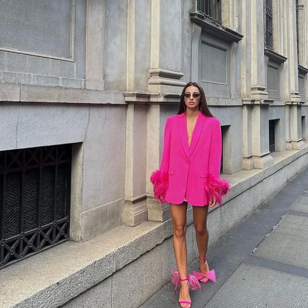Spring Summer New In Coats And Jackets Vintage Long Sleeve Women Blazers Oversize Pink Ostrich Feather Cuff Blazer