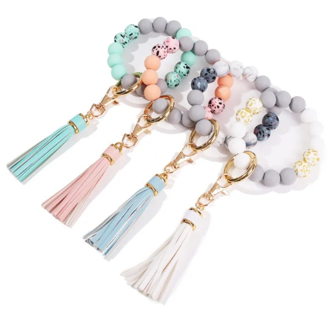 Hot selling Colorful Wood Bead Wristlet Key chain Retro Bracelet Bangle PU Leather Tassel Wristbands Keychain Accessories