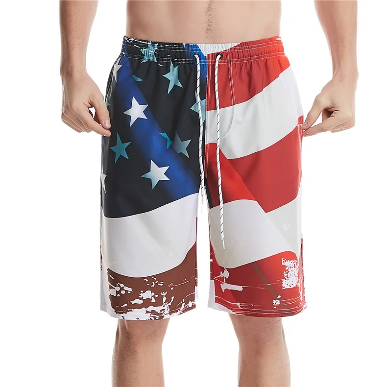 Custom 4 Way Stretch Printed American Flag Swim Shorts Men Beach Trunks