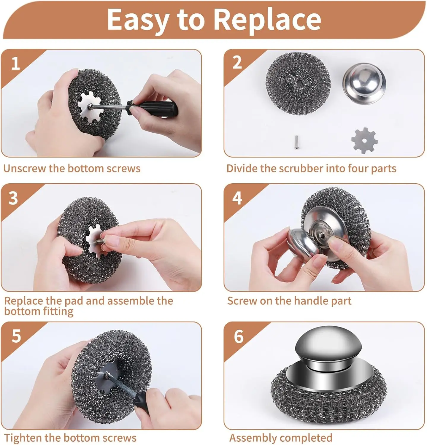 Steel Wool Scrubber with Replacement Wire Pads Set Stainless Steel Scrubber with Handle for Scouring Stubborn Messes