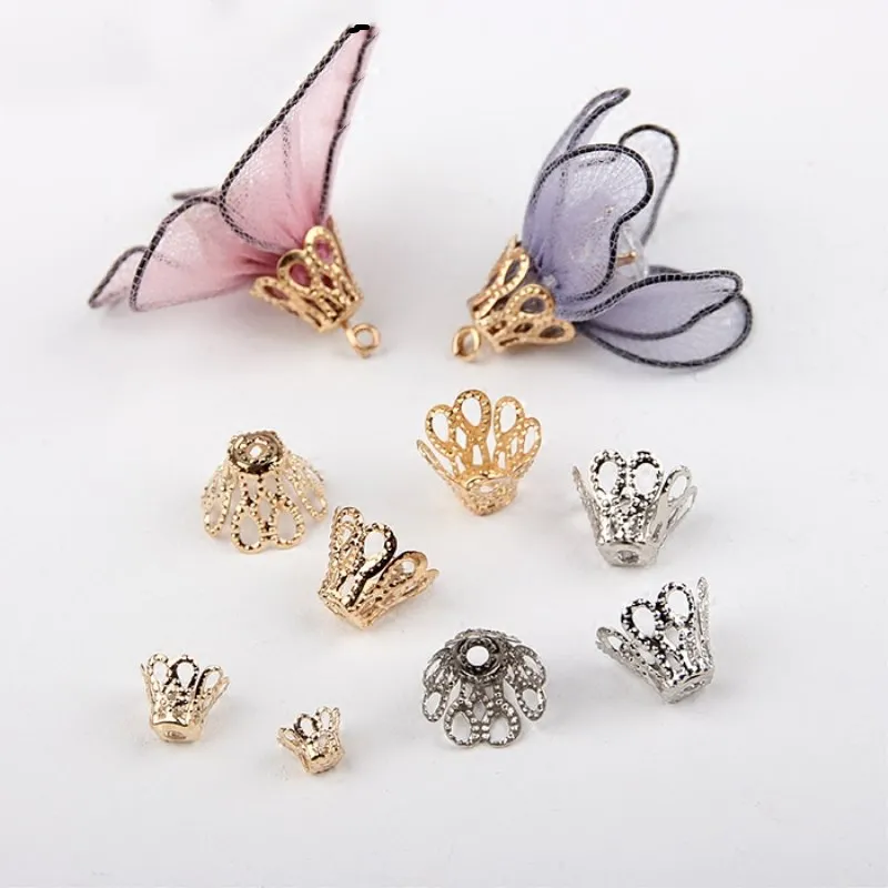 100pcs/bag 7x8mm Vintage Filigree Metal Cup Hollow Flower Spacer Beads End Taps Pendant DIY Charms Connectors