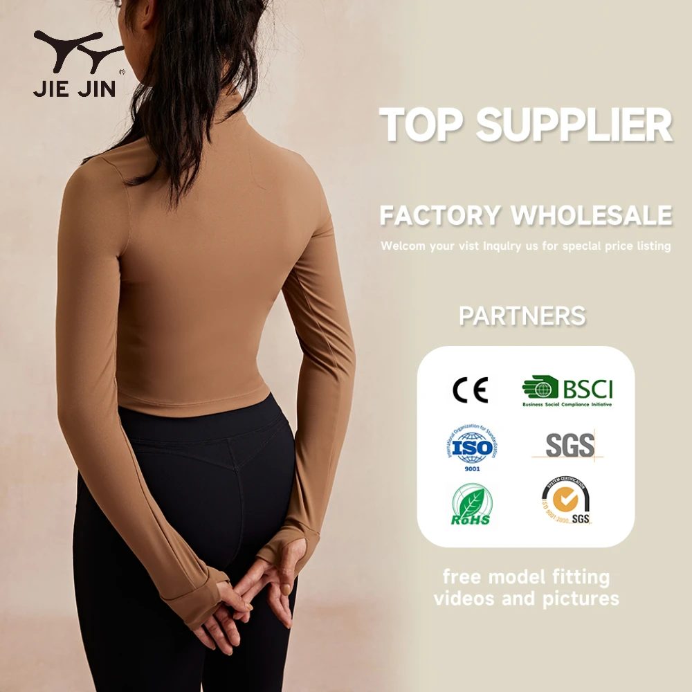 JIEJIN Fashionable Women Sports Gym Tight Athletic Windbreaker Cropped Long Sleeve Zipper Yoga Jacket With Finger Hole