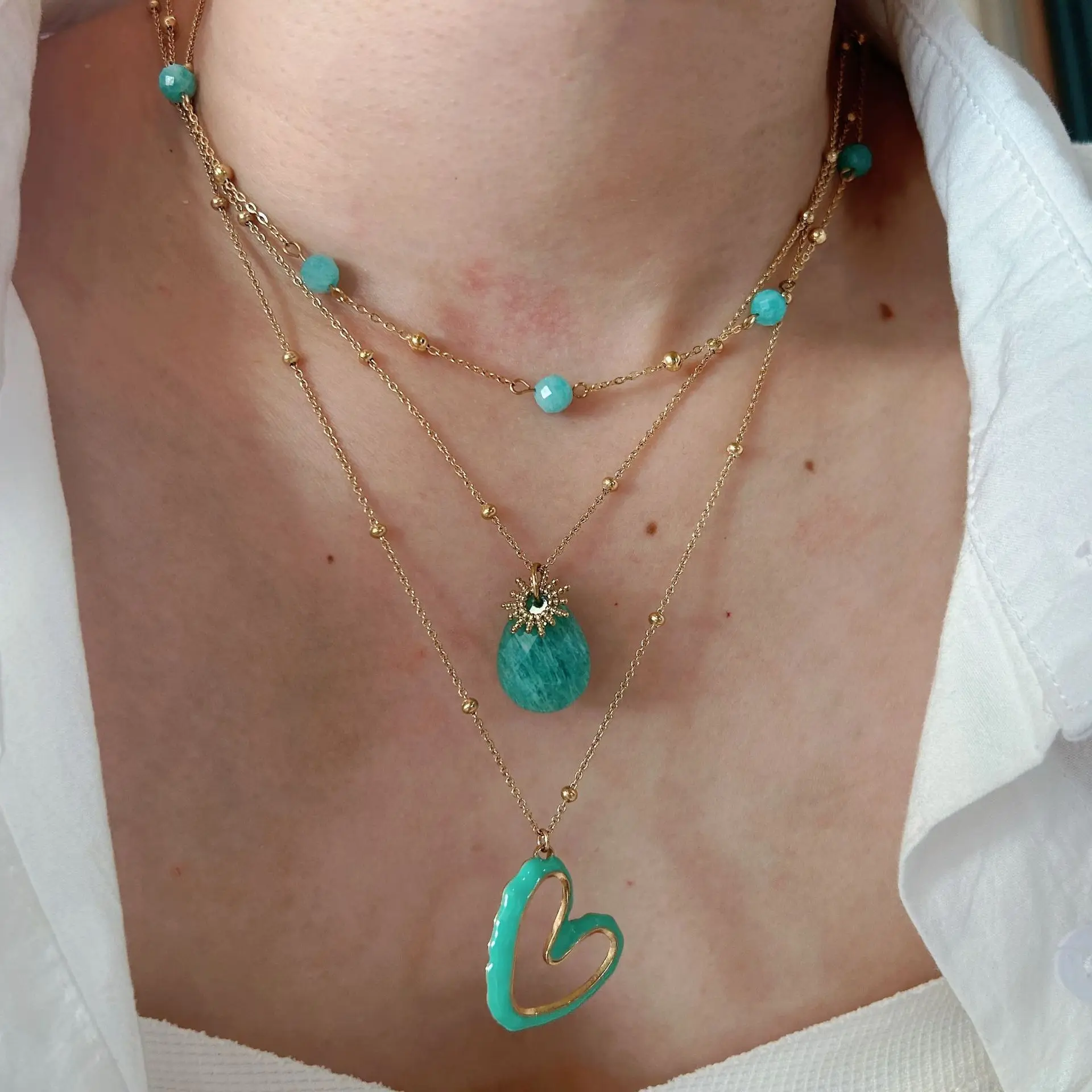 Fancy 18k Gold Plated Enamel Heart Shape Pendant Necklace Natural Stone Blue Gemstone Heart Necklace