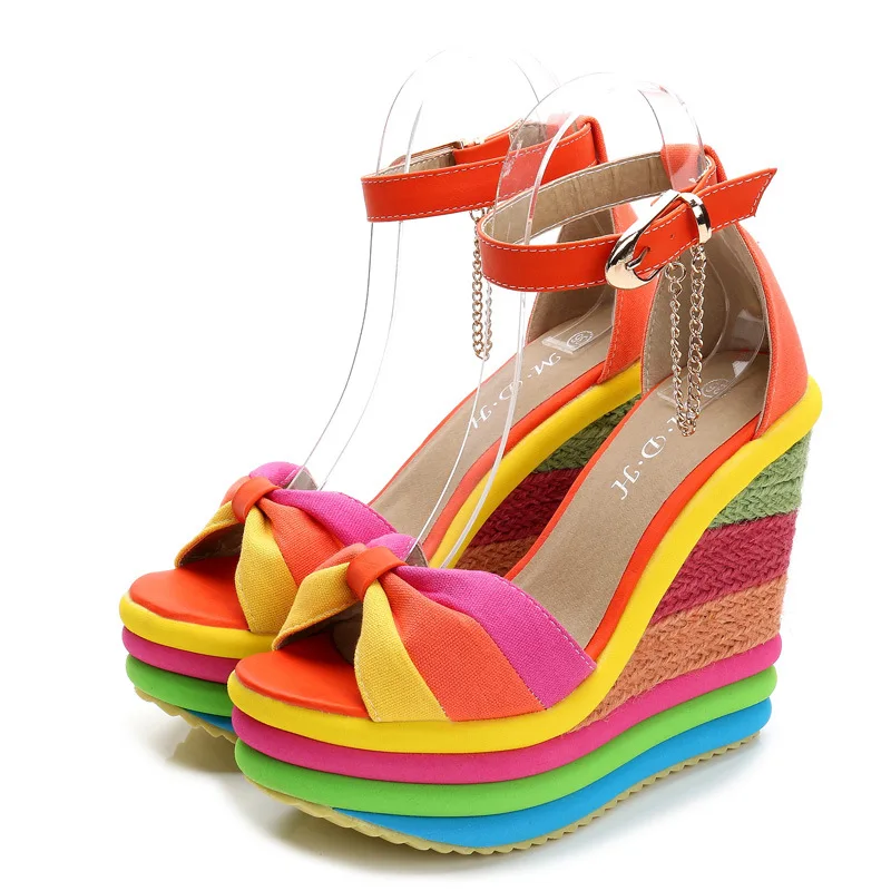 43 European Big Size Rainbow Straw Fish Mouth Women High Heel Wedge Sandals Summer 2021 New Sandals With Heel For Ladies