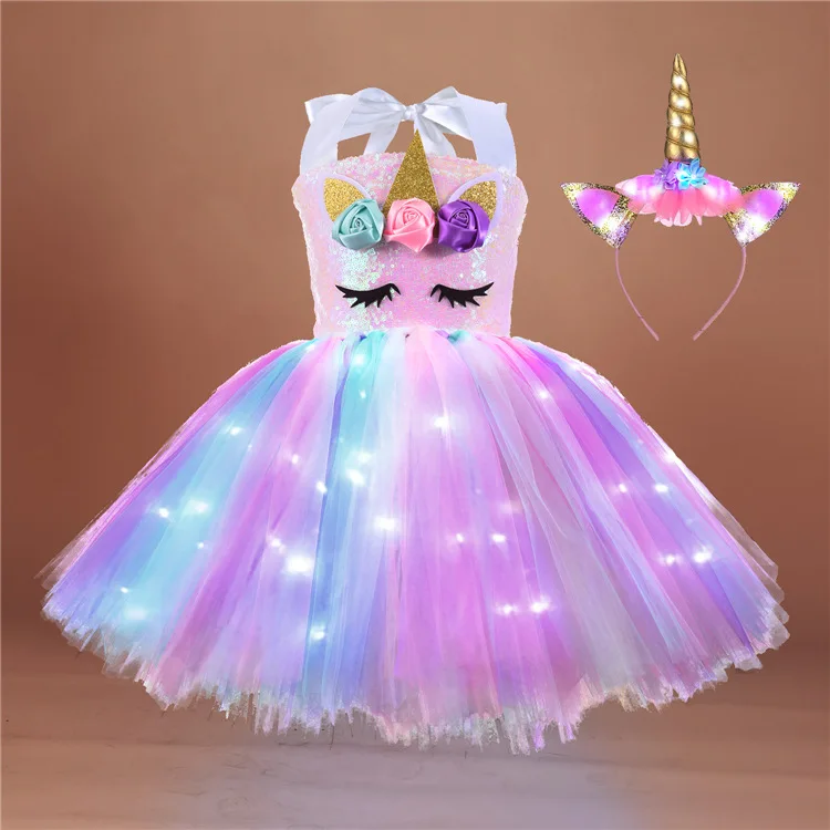 Princess skirt LED light unicorn luminous dress halloween costume party performance baby girl skirt
