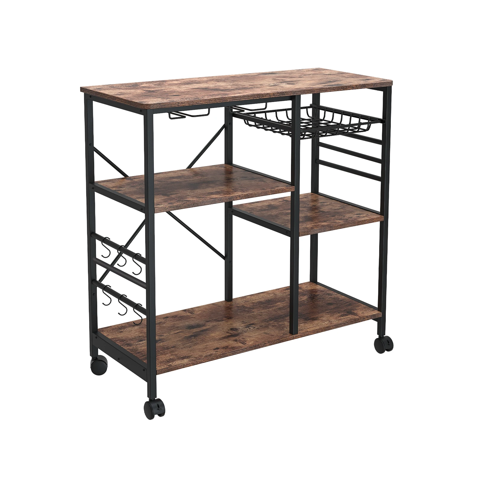Kitchen Shelf Microwave Oven Rack Board with 6 Hooks and 4 Removable Stop Wheels Suitable for Kitchen/Home Office/Bathroom
