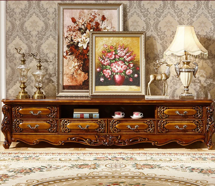 TV Stand Set Wood Classical American Paint Marble Carved New Solid High Quality All Living Room Furniture Livingroom TV Cabinet