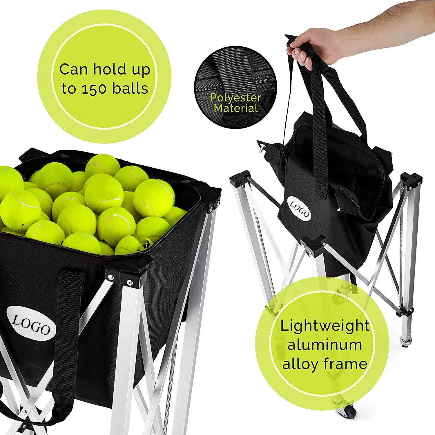 TC02A Portable Tennis Ball Hopper Basket, Lightweight Tennis Ball Cart, Wheeled Baseball Tennis Ball Caddy