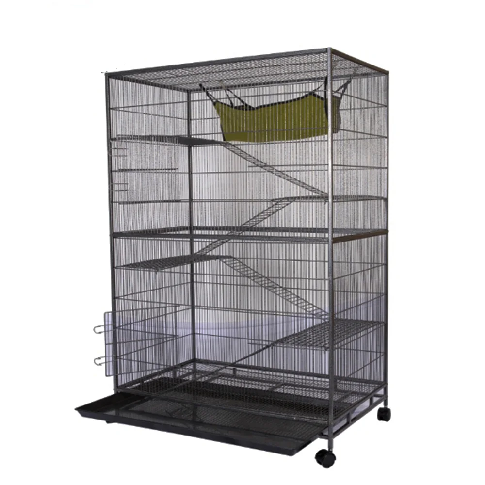 Large 4-Level Ladder and Platform Metal Black Indoor Outdoor Playhouse Wood Cage for Ferrets Cats Hamsters Birds Rabbits