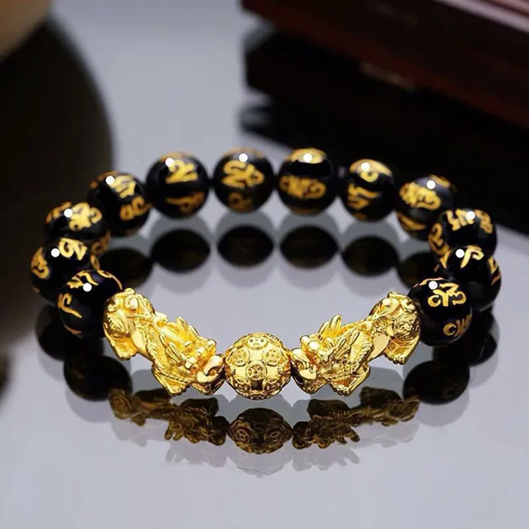 
Fashion Feng Shui Obsidian Stone Beads Bracelet Unisex Wristband Gold Black Pixiu Wealth And Good Luck Women Bracelet 