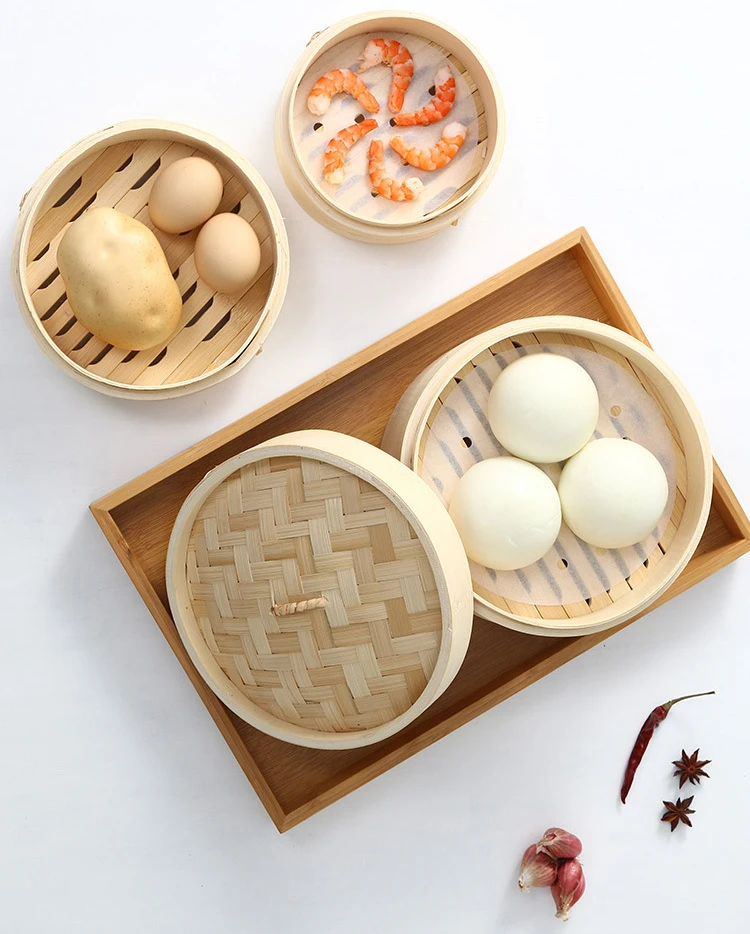 Kitchen accessories 10 inch 12 inch dumpling sticky rice food dim soup wood 2 tier mini dim sum bamboo steamer dim sum