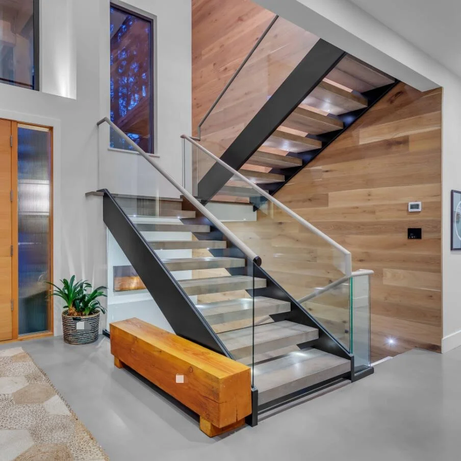 2024 Newest Steel Stair Case Floating Step Design With LED Light  Stainless Steel Handrail Column modern Straight  stairs