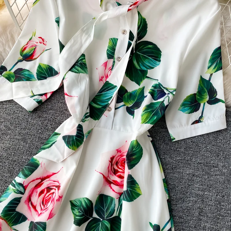 2022  Bohemian Stand Collar Lace-Up Dresses Women Casual Long Sleeves Woman Dress