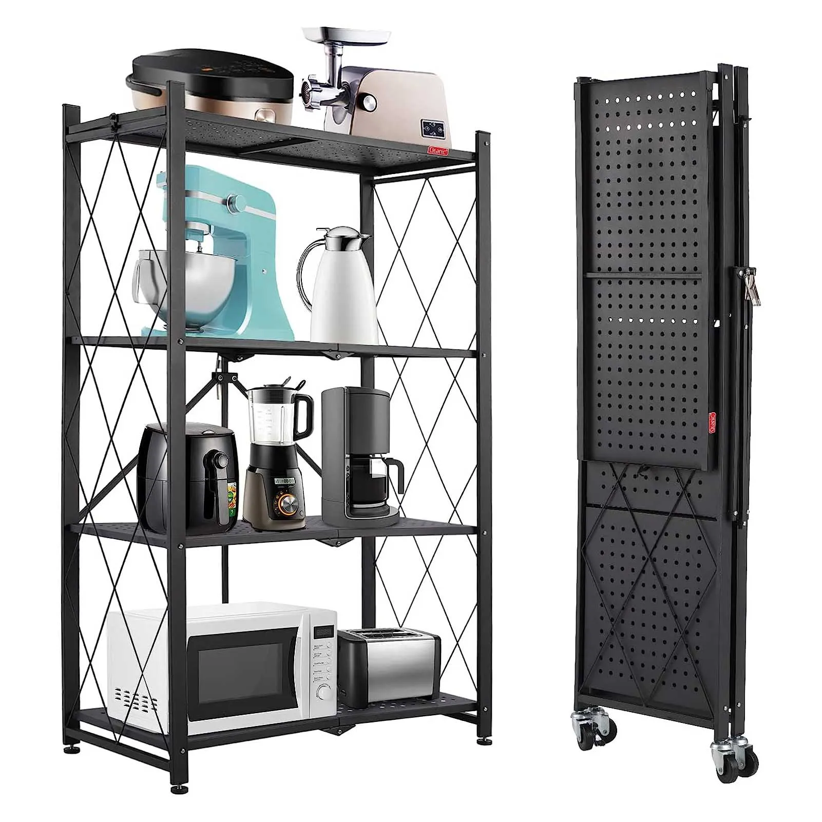 4-Shelf Foldable Storage Shelves with Wheels Heavy Duty Shelving Unit Freestanding Metal Wire Shelf Rack