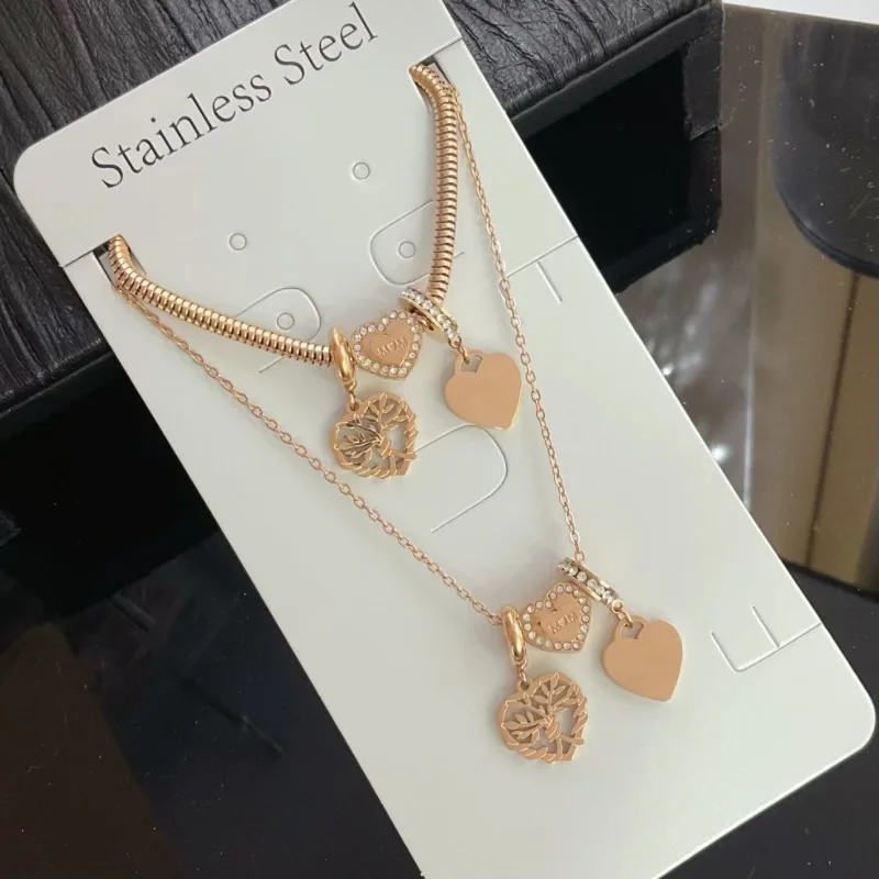 High quality hollow Life Tree glossy necklace Draw bracelet non-fading stainless steel jewelry set