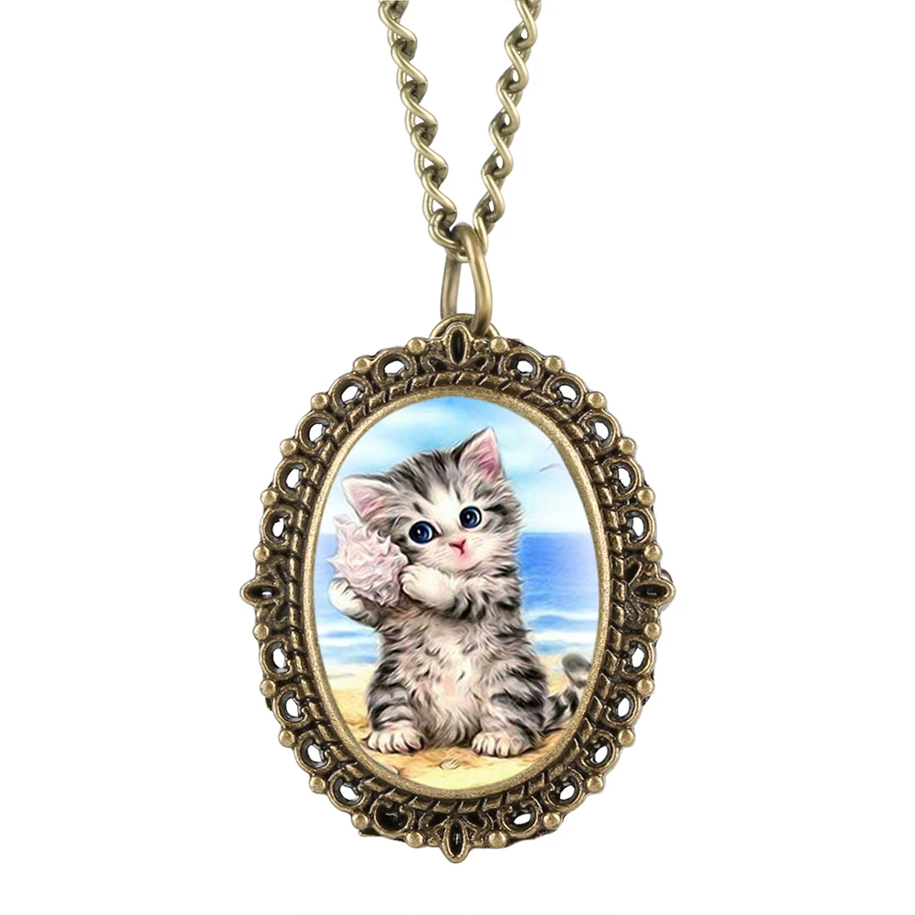 Small Antique Oval Jewelry Metal Old Clock Lovely Cute Kitty Cat Necklace Pendant Pocket Watch with Chain