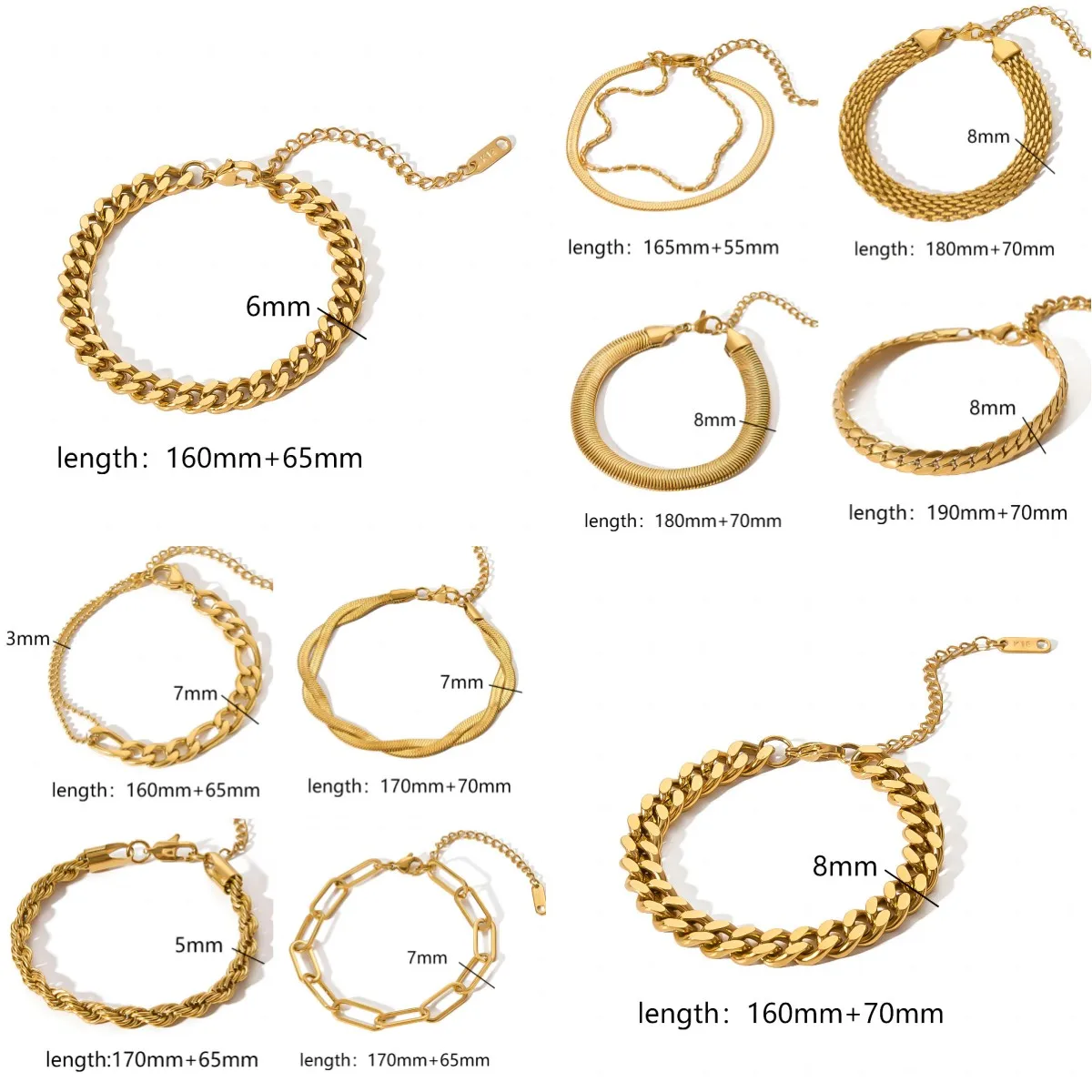 5 6 7 8MM Waterproof Women Jewelry Flat Snake Chain Link Tarnish Free 18k Gold Plated 316L Stainless Steel Chain and Bracelet