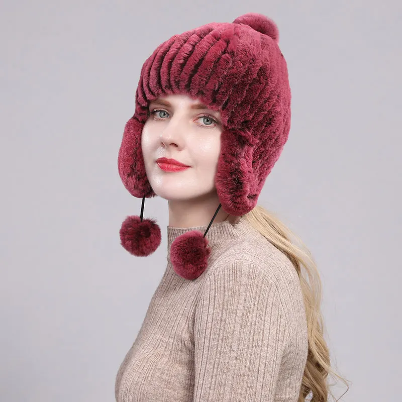 High-Quality Hand-Stitched Rex Rabbit Fur Hat With Rex Rabbit Fur Ball