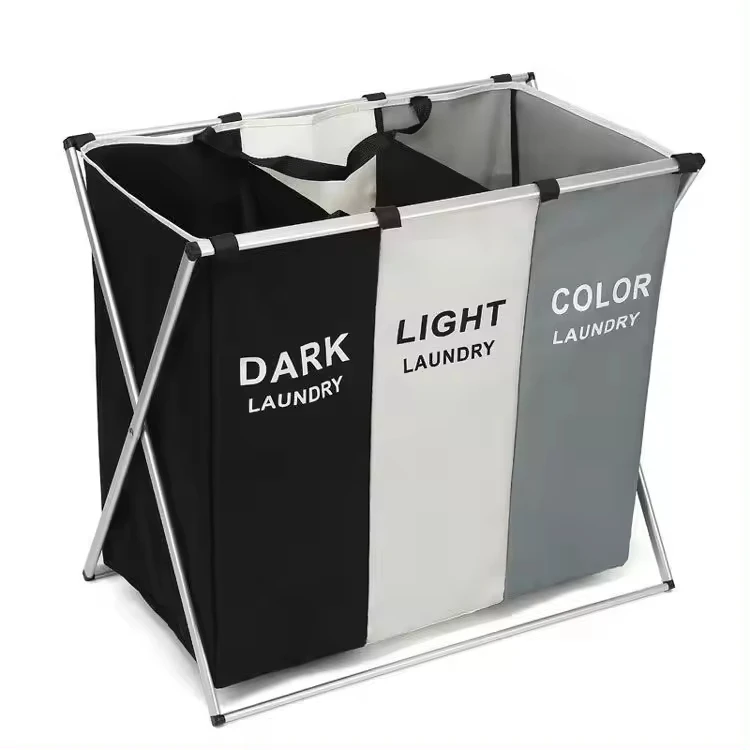 Large Laundry Hamper Laundry Basket Toys Dirty Clothes Organizer 3-Section Aluminum Frame