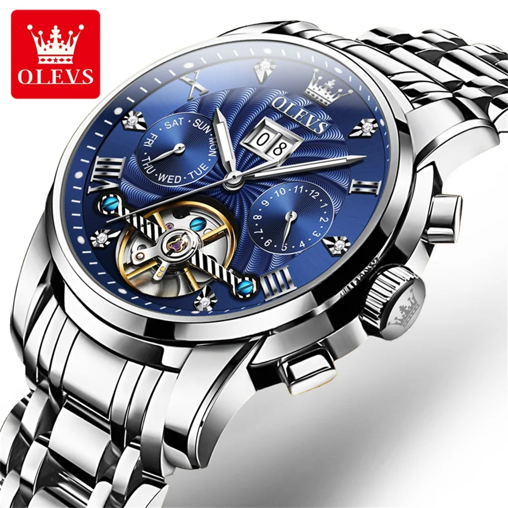 Olevs 9910 sports automatic tourbillon slef wind luxury waterproof metal classic cool stainless steel luminous Date Men Watch
